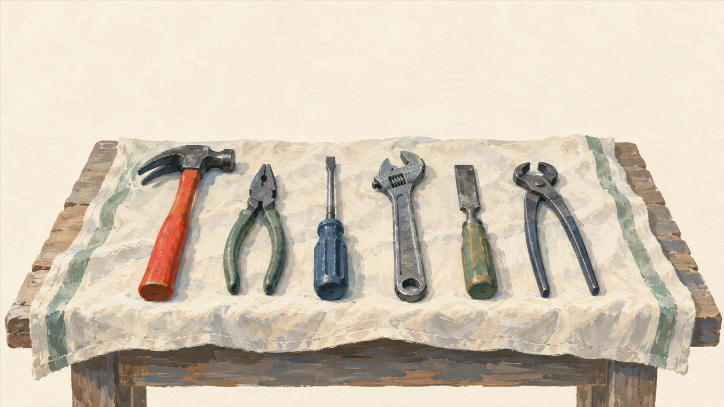 Gouache painting of a cloth laid on a workbench with six hand tools set out in a neat row, slate-blue and grey, and one tool with a vermilion handle