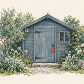 Gouache painting of a small wooden workshop seen from the front, its door firmly closed in a slate-blue wall, a sage-green garden around it and one blank vermilion tag hanging from the door handle