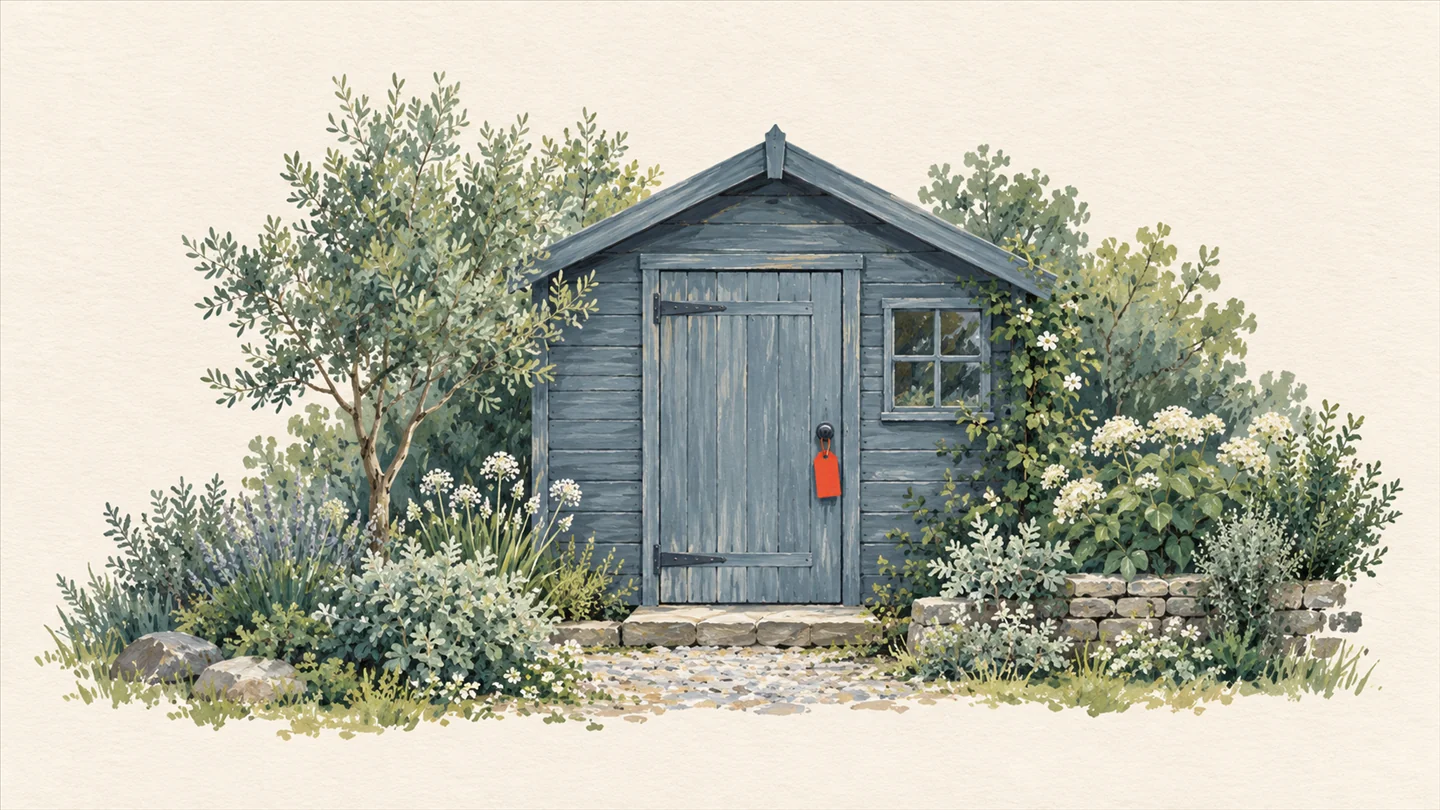Gouache painting of a small wooden workshop seen from the front, its door firmly closed in a slate-blue wall, a sage-green garden around it and one blank vermilion tag hanging from the door handle