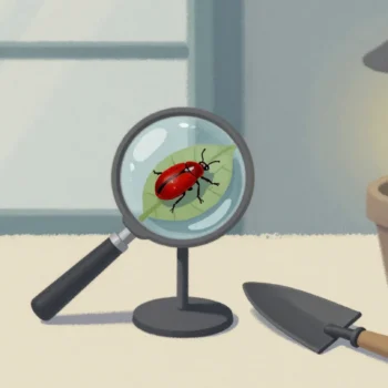 Gouache painting of a magnifying glass over a leaf showing a tiny vermilion beetle, with a trowel beside it