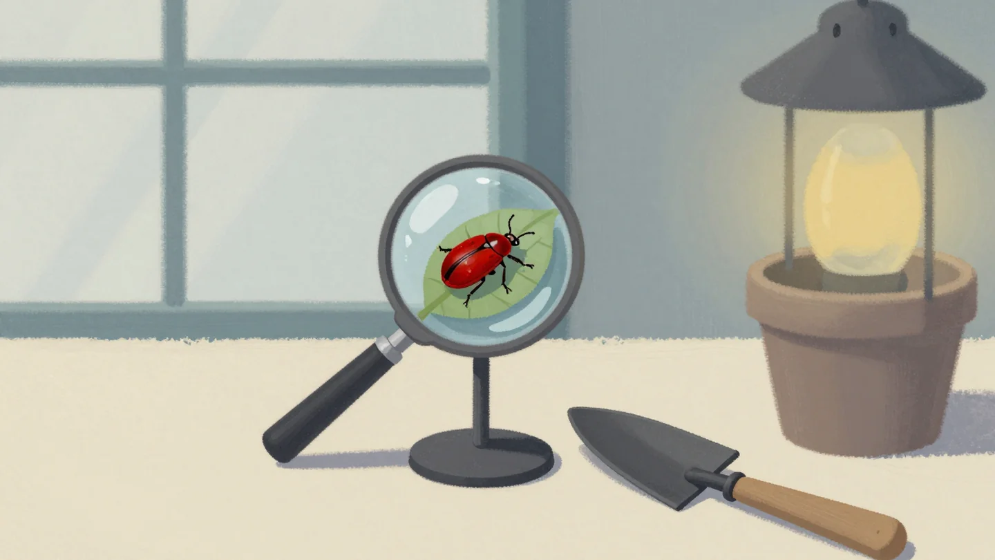 Gouache painting of a magnifying glass over a leaf showing a tiny vermilion beetle, with a trowel beside it