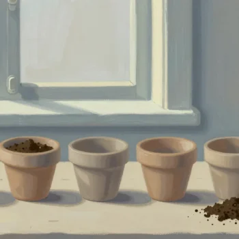 Gouache painting of a row of clay pots with the first few filled with soil and a vermilion scoop in a soil bag