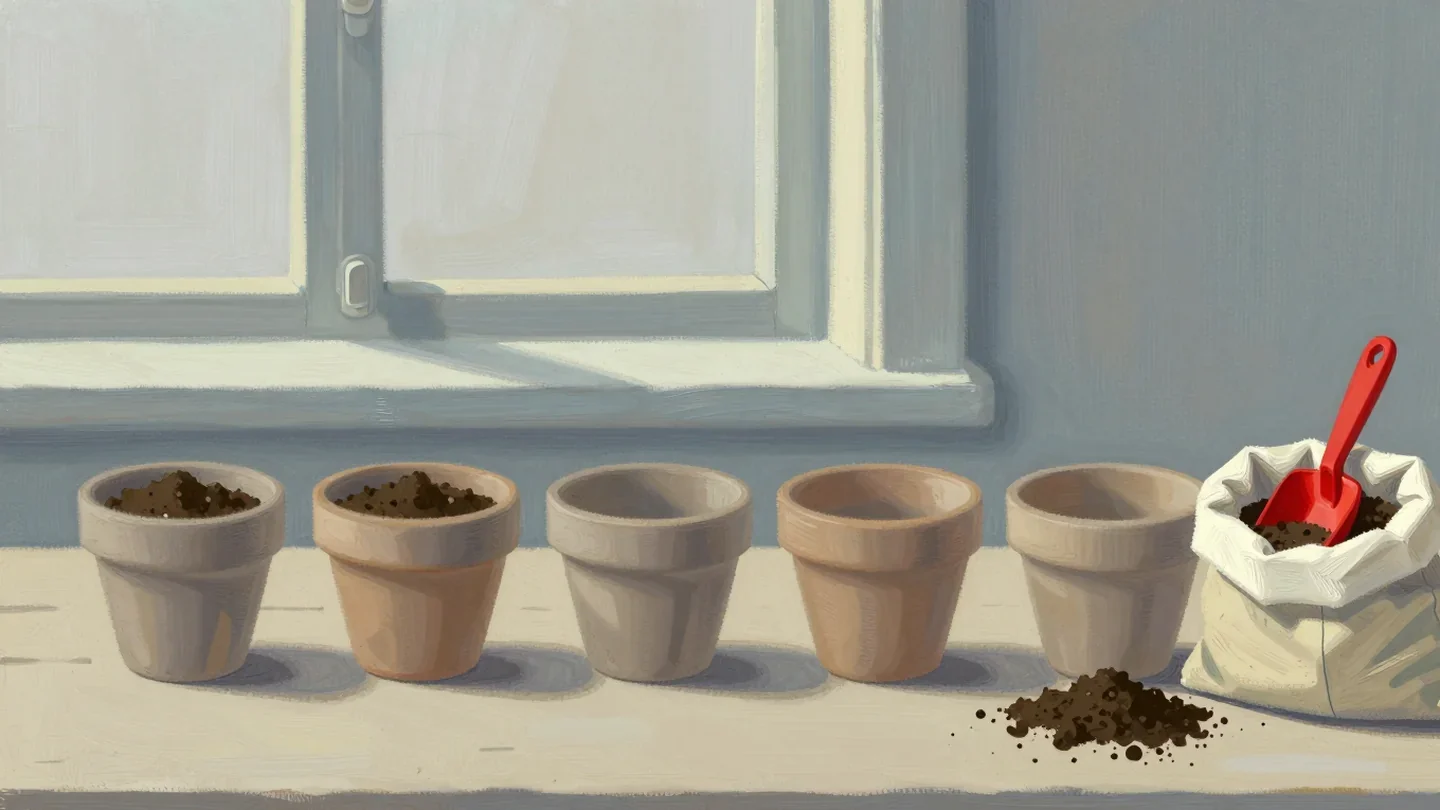 Gouache painting of a row of clay pots with the first few filled with soil and a vermilion scoop in a soil bag