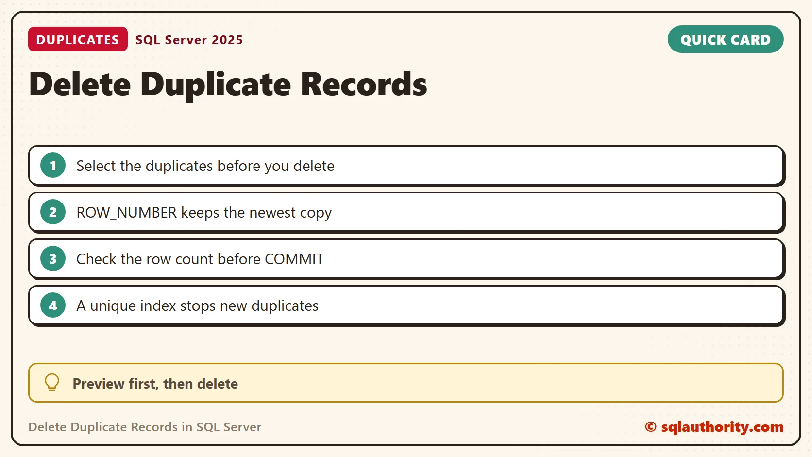 Quick reference card: Delete Duplicate Records in SQL Server: SQL in Sixty Seconds #036