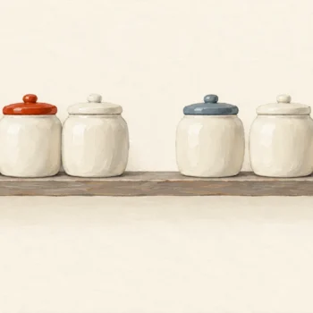Gouache painting of a wooden pantry shelf with a row of identical cream jars, three of them crowded together and only one wearing a vermilion lid.