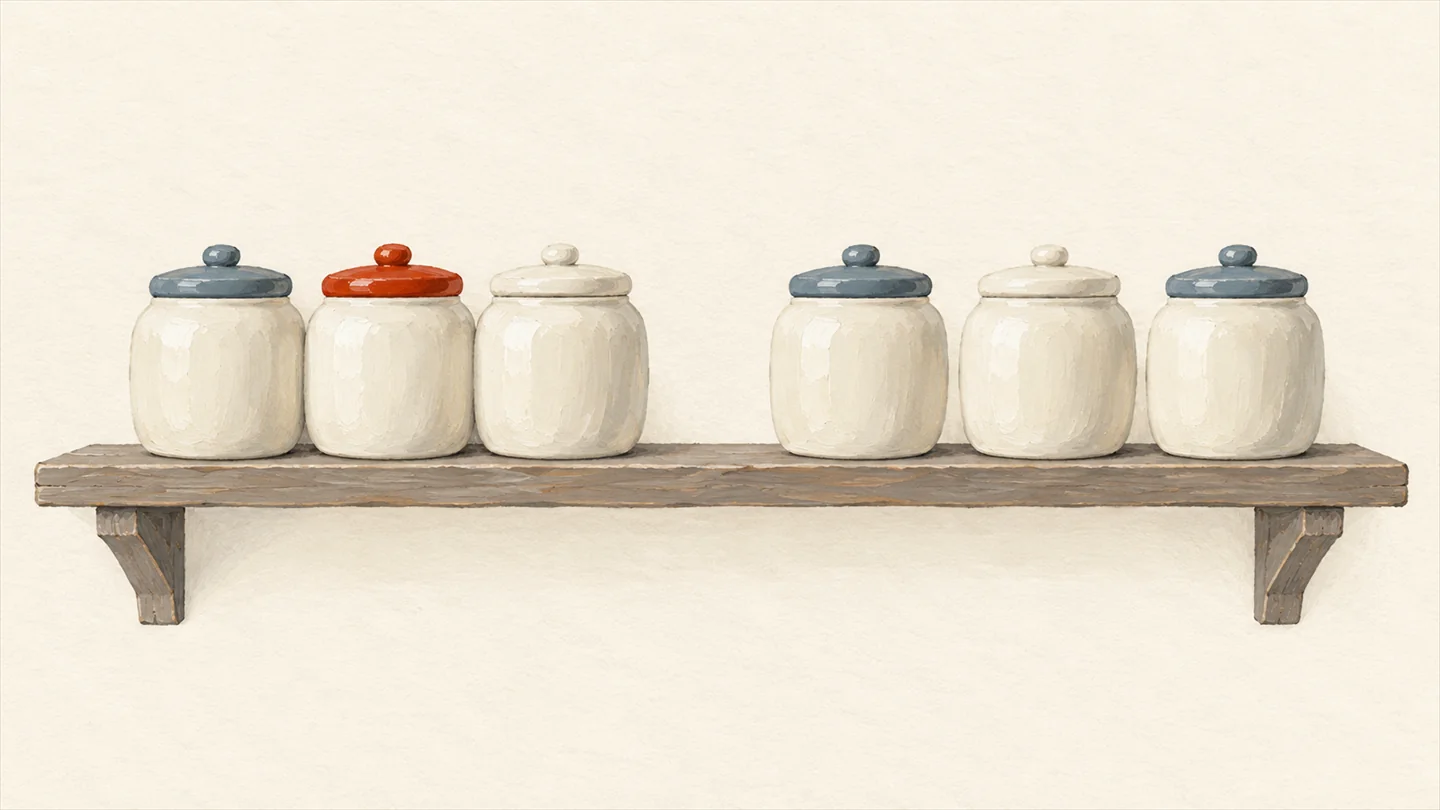Gouache painting of a wooden pantry shelf with a row of identical cream jars, three of them crowded together and only one wearing a vermilion lid.