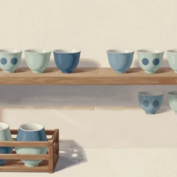 Gouache painting of a shelf of paired teacups with the extra twins gathered in a small red crate below
