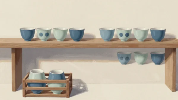 Gouache painting of a shelf of paired teacups with the extra twins gathered in a small red crate below