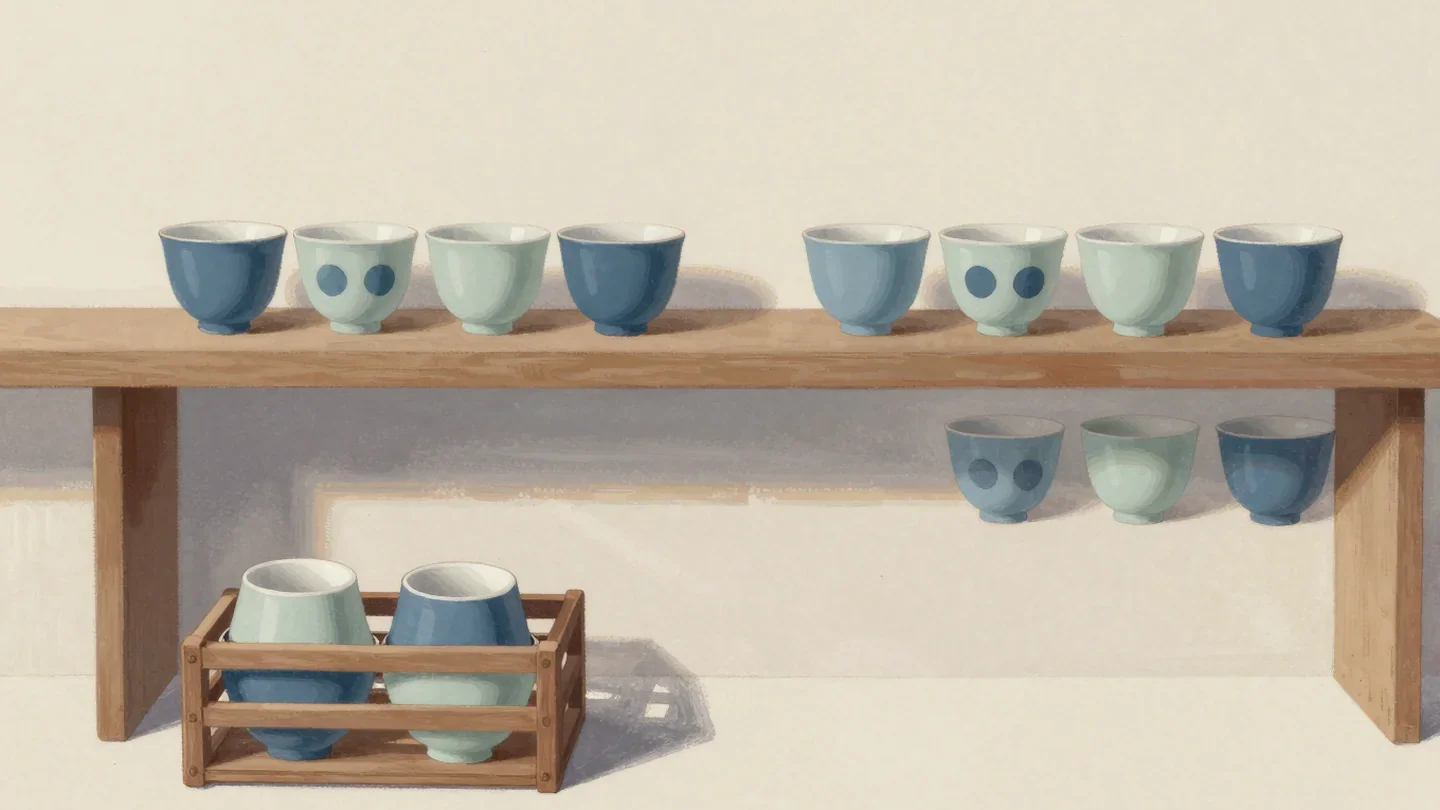 Gouache painting of a shelf of paired teacups with the extra twins gathered in a small red crate below