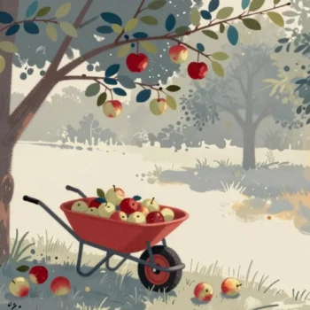 Gouache painting of an orchard with windfall apples on the ground and a vermilion wheelbarrow beside them