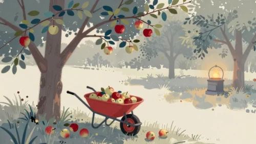 Gouache painting of an orchard with windfall apples on the ground and a vermilion wheelbarrow beside them