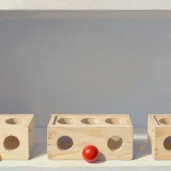 Gouache painting of three wooden shape sorter boxes with a single vermilion peg in front of them