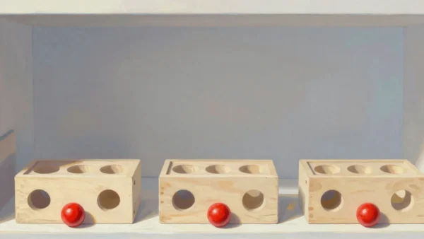 Gouache painting of three wooden shape sorter boxes with a single vermilion peg in front of them