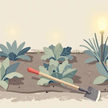 Gouache painting of three garden beds in a row with a hoe whose grip is vermilion