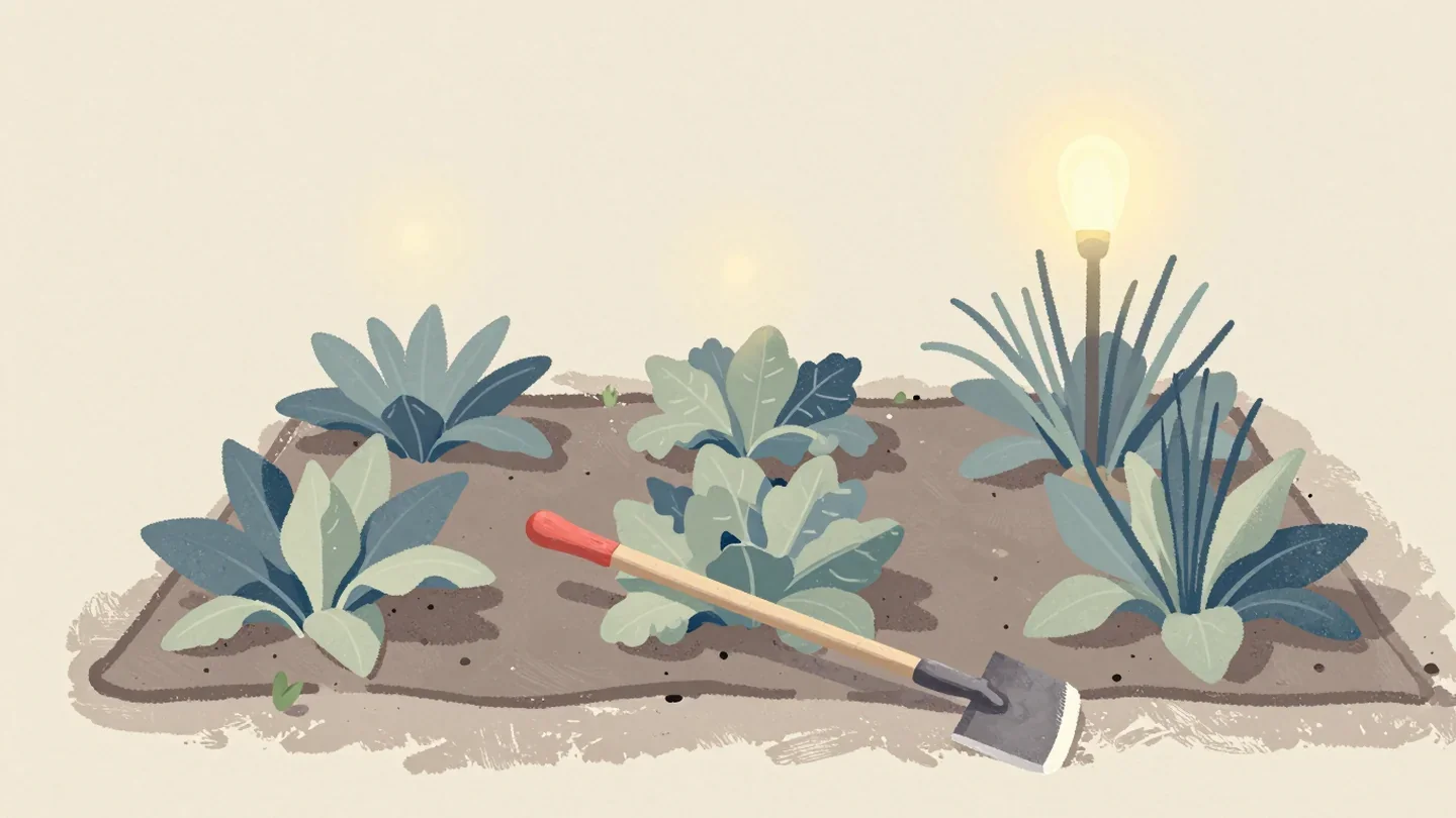 Gouache painting of three garden beds in a row with a hoe whose grip is vermilion