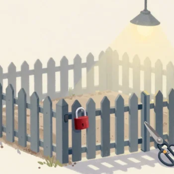 Gouache painting of a vegetable bed behind a picket fence with a vermilion padlock on the gate