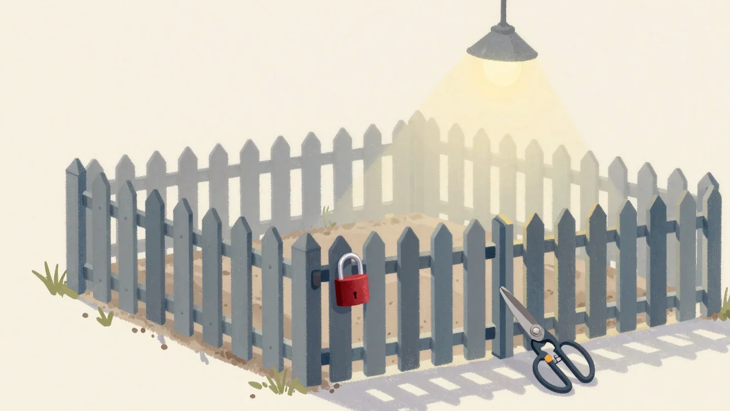 Gouache painting of a vegetable bed behind a picket fence with a vermilion padlock on the gate