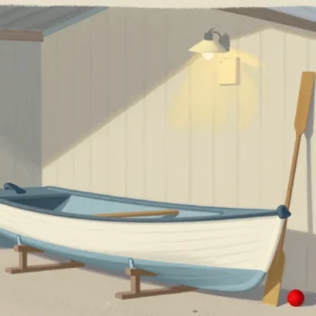 Gouache painting of a new rowing boat with wide oarlocks and two old oars against the wall, one painted red