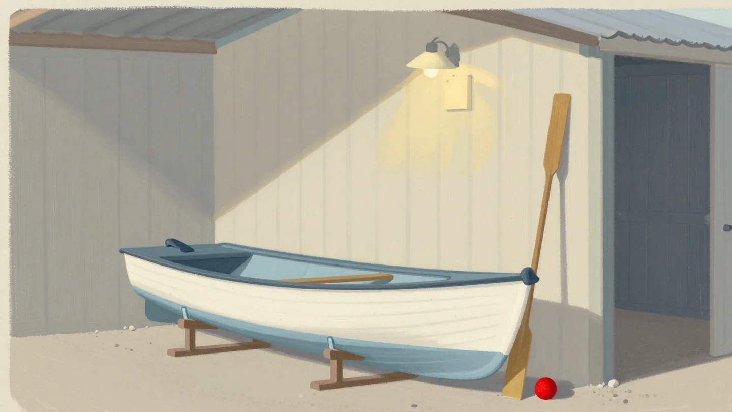 Gouache painting of a new rowing boat with wide oarlocks and two old oars against the wall, one painted red
