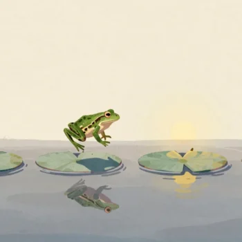 Gouache painting of a frog leaping across four lily pads on a pond, the last pad holding a red flower