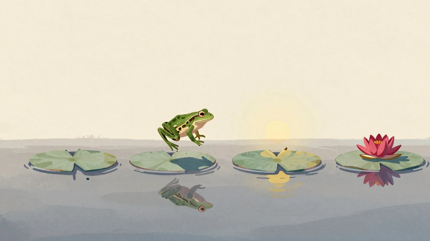 Gouache painting of a frog leaping across four lily pads on a pond, the last pad holding a red flower