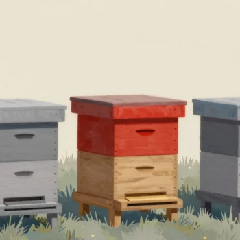 Gouache painting of three beehives in a meadow with the middle hive roof painted red