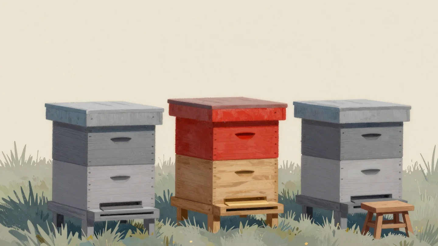 Gouache painting of three beehives in a meadow with the middle hive roof painted red