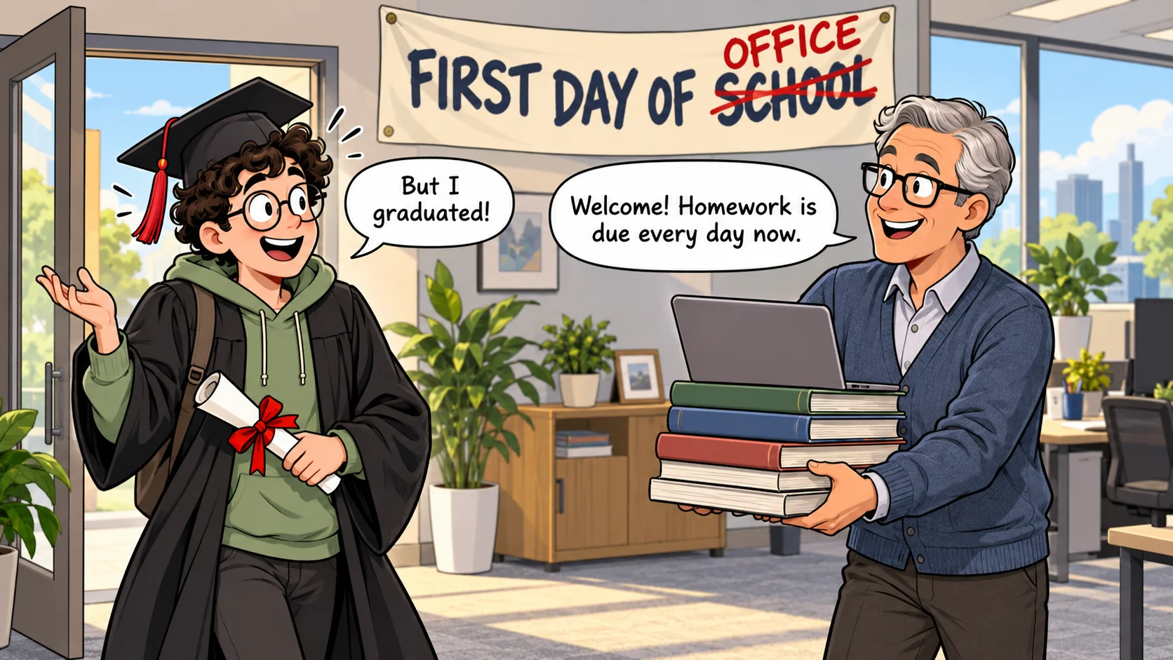 Cartoon: a new developer in a graduation cap walks under a banner reading FIRST DAY OF SCHOOL with SCHOOL crossed out and OFFICE written above, while the team lead hands over a laptop and a stack of books saying Welcome! Homework is due every day now, and the developer answers But I graduated!
