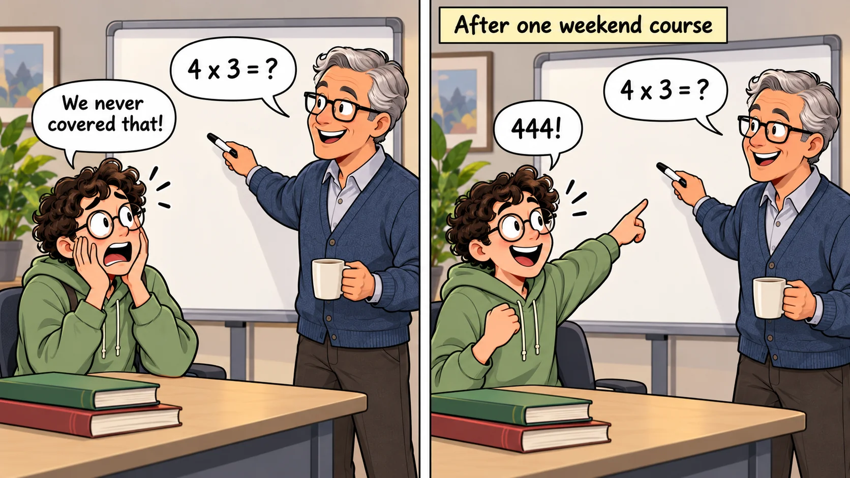 Two panel cartoon: the team lead asks 4 x 3 = ? and the panicked developer says We never covered that! Then, after one weekend course, the team lead asks again and the beaming developer answers 444!