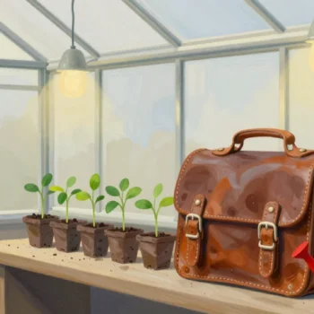 Gouache painting of an old school satchel sprouting seedlings on a potting bench beside a small red watering can