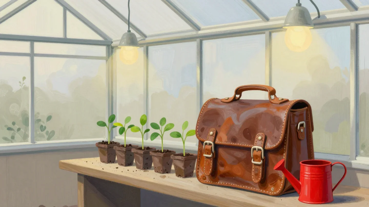 Gouache painting of an old school satchel sprouting seedlings on a potting bench beside a small red watering can