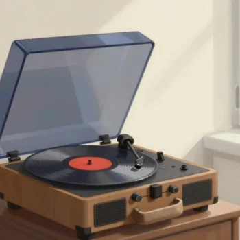 Gouache painting of an open wooden record player with a record on the turntable with a vermilion label