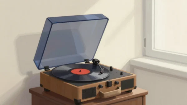 Gouache painting of an open wooden record player with a record on the turntable with a vermilion label