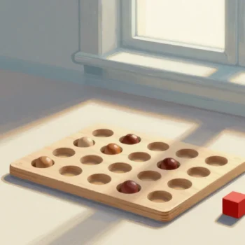 Gouache painting of a sorter board with round beads and a rejected square vermilion block