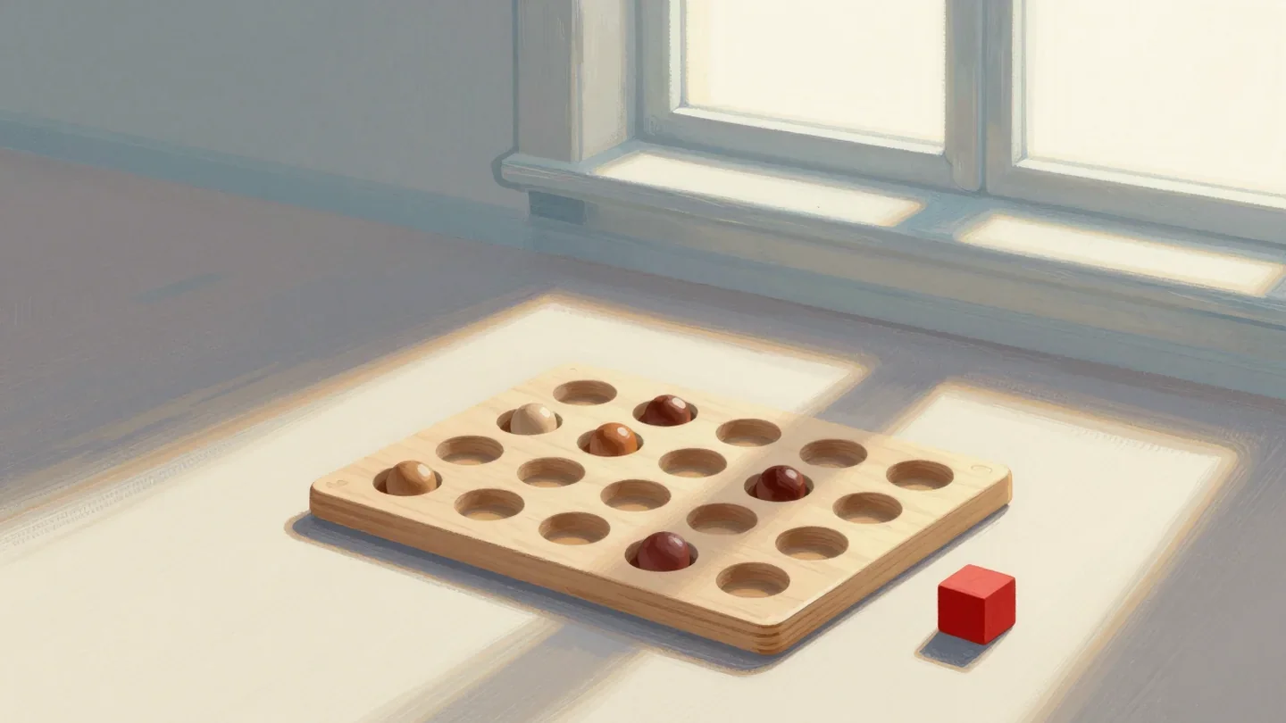 Gouache painting of a sorter board with round beads and a rejected square vermilion block