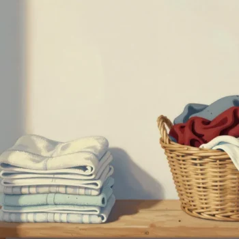 Gouache painting of a stack of clean folded towels beside a vermilion basket of crumpled muddy ones