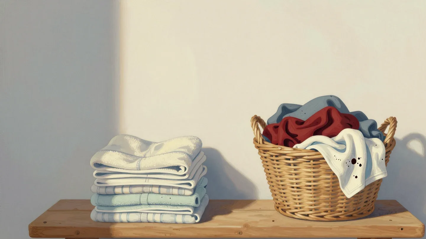 Gouache painting of a stack of clean folded towels beside a vermilion basket of crumpled muddy ones