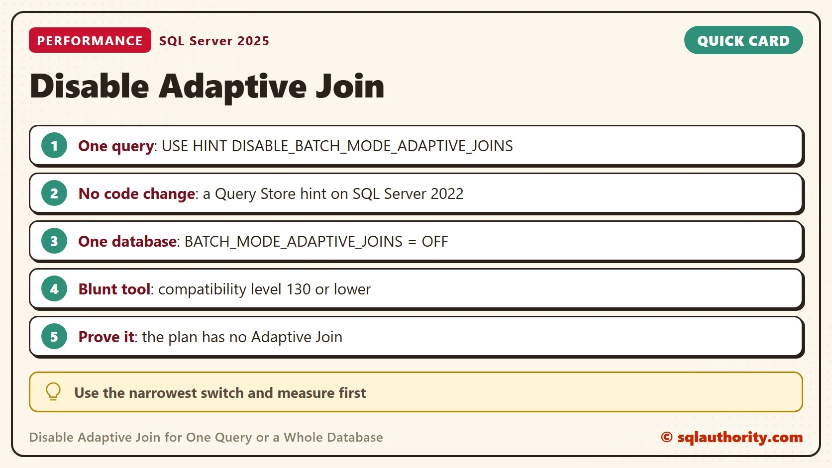 Quick card titled Disable Adaptive Join: One query: USE HINT DISABLE_BATCH_MODE_ADAPTIVE_JOINS. No code change: a Query Store hint on SQL Server 2022. One database: BATCH_MODE_ADAPTIVE_JOINS = OFF. Blunt tool: compatibility level 130 or lower. Prove it: the plan has no Adaptive Join. Tip: Use the narrowest switch and measure first
