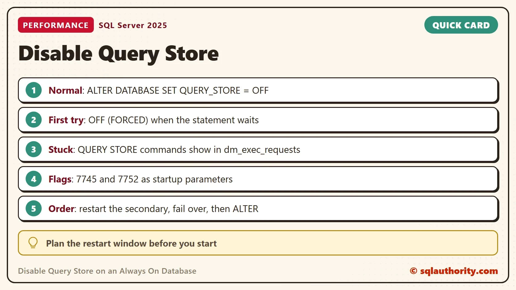 Quick card titled Disable Query Store: Normal: ALTER DATABASE SET QUERY_STORE = OFF. First try: OFF (FORCED) when the statement waits. Stuck: QUERY STORE commands show in dm_exec_requests. Flags: 7745 and 7752 as startup parameters. Order: restart the secondary, fail over, then ALTER. Tip: Plan the restart window before you start.