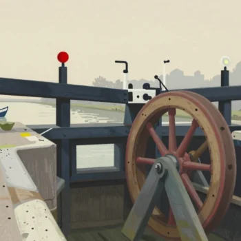 Gouache painting of a canal lock wheel with vermilion spokes and a red signal ball, with a small boat on the canal beyond