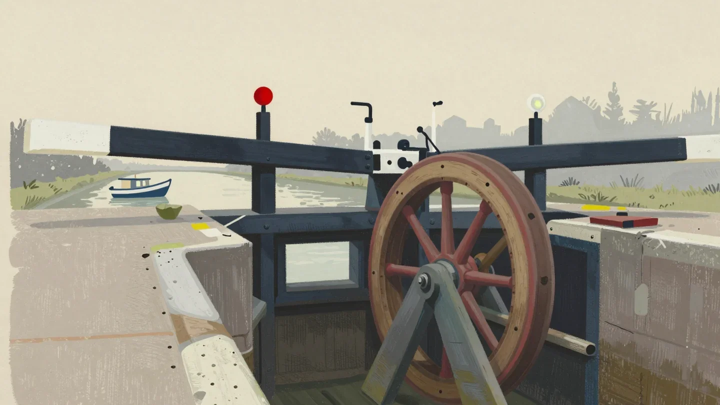 Gouache painting of a canal lock wheel with vermilion spokes and a red signal ball, with a small boat on the canal beyond
