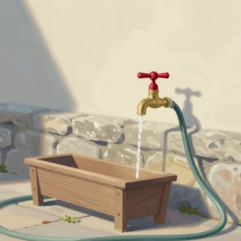 Gouache painting of a garden tap with a vermilion wheel feeding a pinched hose into a wooden trough