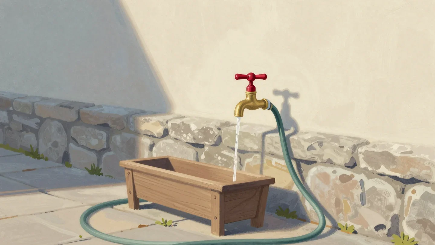Gouache painting of a garden tap with a vermilion wheel feeding a pinched hose into a wooden trough