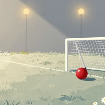 Gouache painting of a football goal far across a lawn with a vermilion ball sitting much nearer