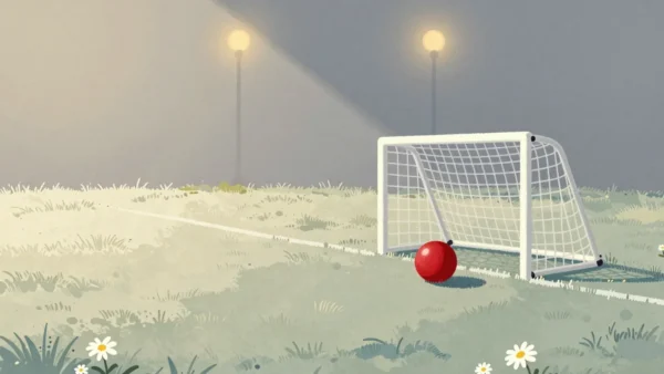 Gouache painting of a football goal far across a lawn with a vermilion ball sitting much nearer