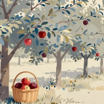 Gouache painting of a basket of red apples under an apple tree in an orchard row
