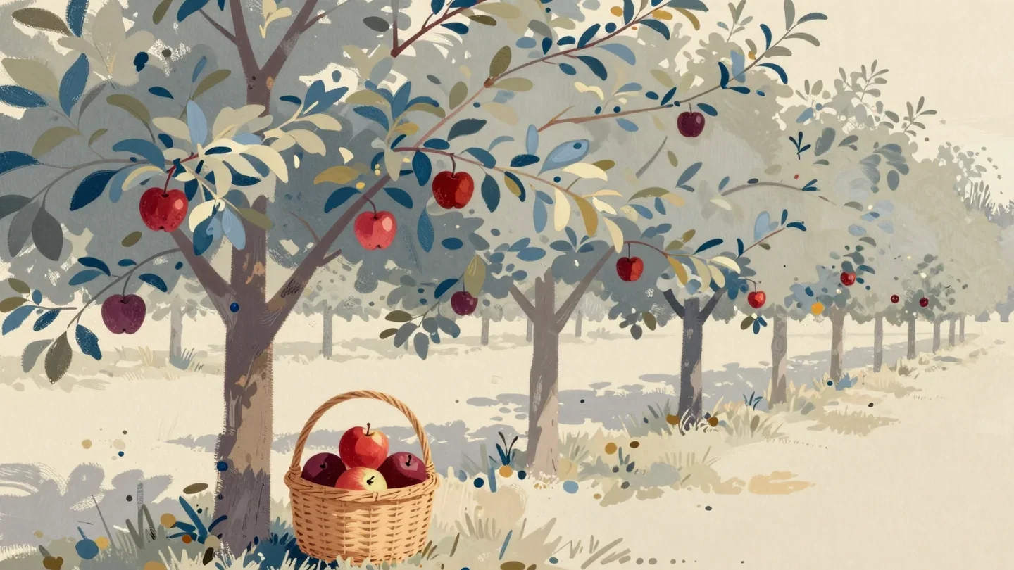 Gouache painting of a basket of red apples under an apple tree in an orchard row