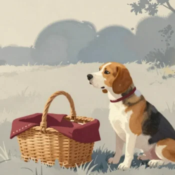 Gouache painting of a beagle sitting beside a wicker picnic basket with a vermilion cloth, looking away