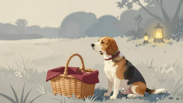 Gouache painting of a beagle sitting beside a wicker picnic basket with a vermilion cloth, looking away