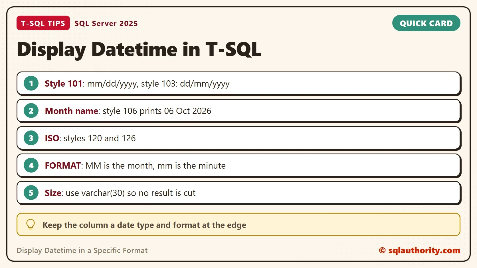 Quick card titled Display Datetime in T-SQL: Style 101: mm/dd/yyyy, style 103: dd/mm/yyyy; Month name: style 106 prints 06 Oct 2026; ISO: styles 120 and 126; FORMAT: MM is the month, mm is the minute; Size: use varchar(30) so no result is cut. Tip: Keep the column a date type and format at the edge